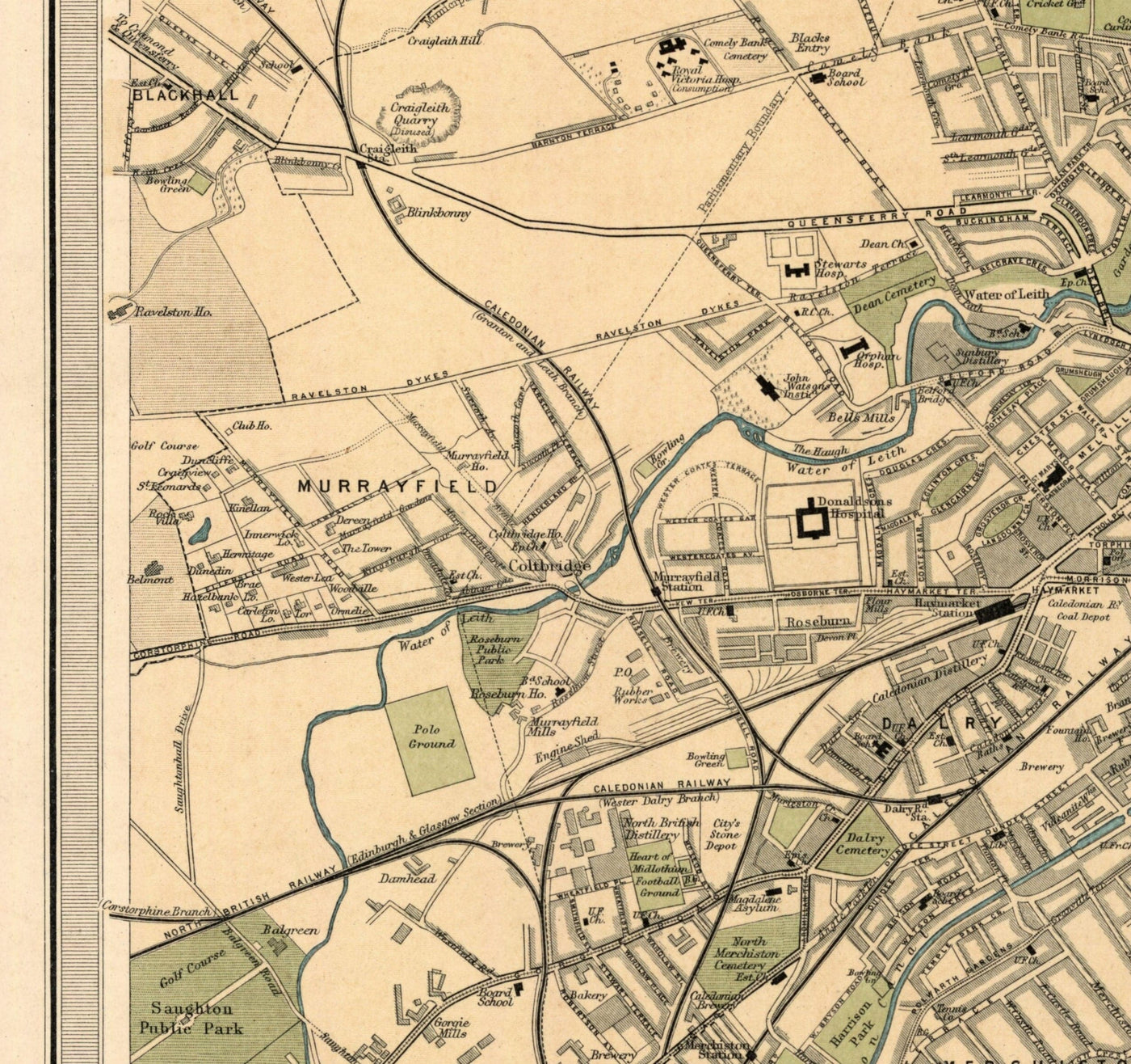 Mapa antiguo de Edimburgo en 1912 por J Bartholomew - Leith, Murrayfield, Portobello, Holyrood