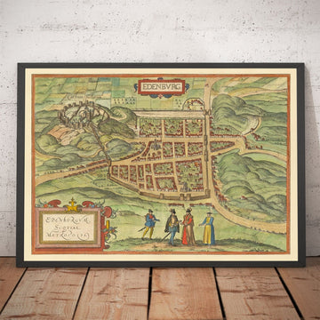Mappa antica di Edimburgo, 1580 di Georg Braun - Castello, Mura della città, Cattedrale di St Giles, Città Vecchia 