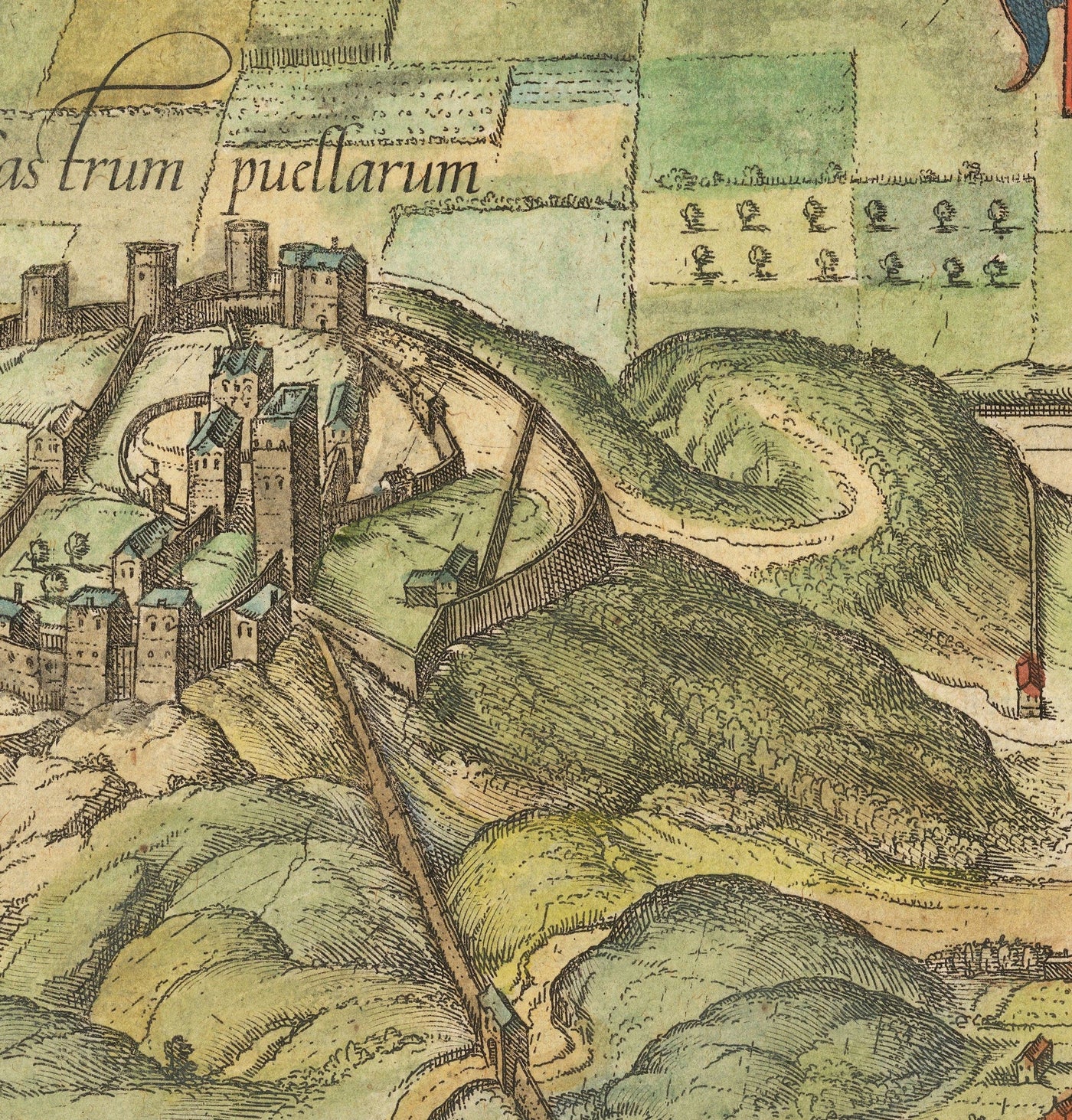 Mapa antiguo de Edimburgo, 1580 por Georg Braun - Castillo, Murallas de la ciudad, Catedral de San Giles, Ciudad Vieja