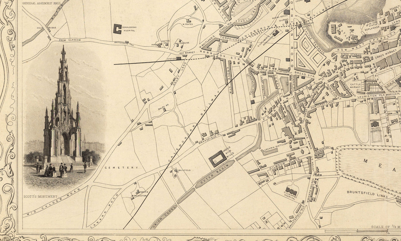 Ancienne carte d'Édimbourg, Écosse en 1851 par Tallis & Rapkin