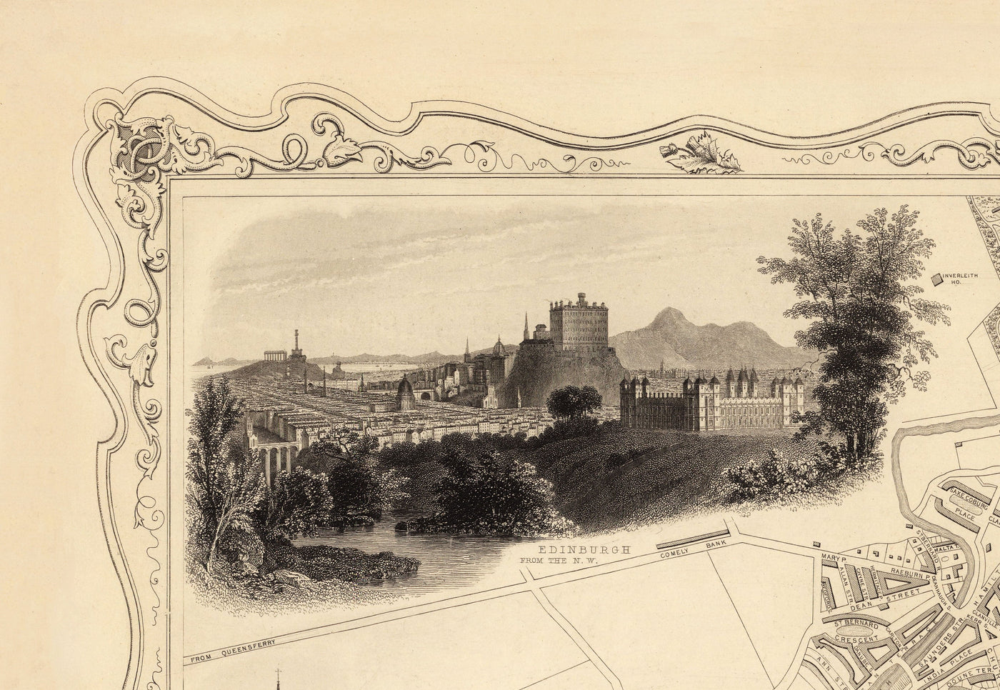 Ancienne carte d'Édimbourg, Écosse en 1851 par Tallis & Rapkin