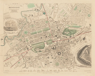 Alte Karte von Edinburgh, Schottland im Jahr 1853 von WB Clarke und George Cox - Waverley, Altstadt, Neustadt, Schloss, Eisenbahn, Arthurs Seat