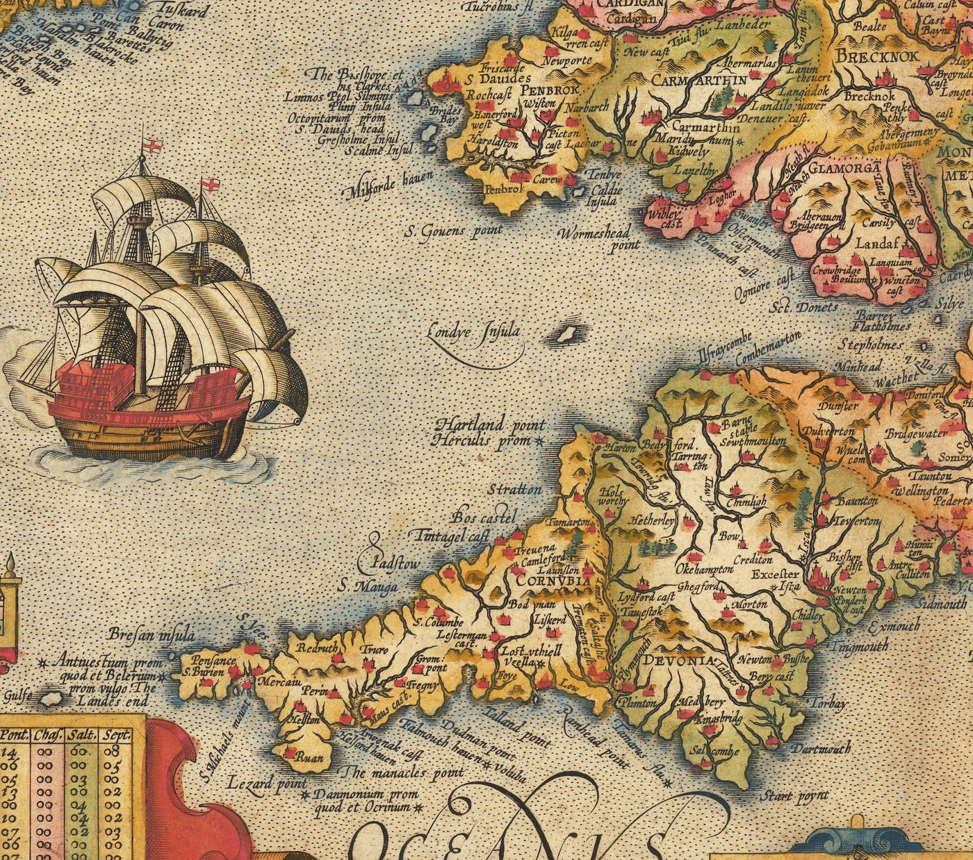 Ancienne carte en couleurs de l'Angleterre et de l'Irlande en 1605 par Abraham Ortelius