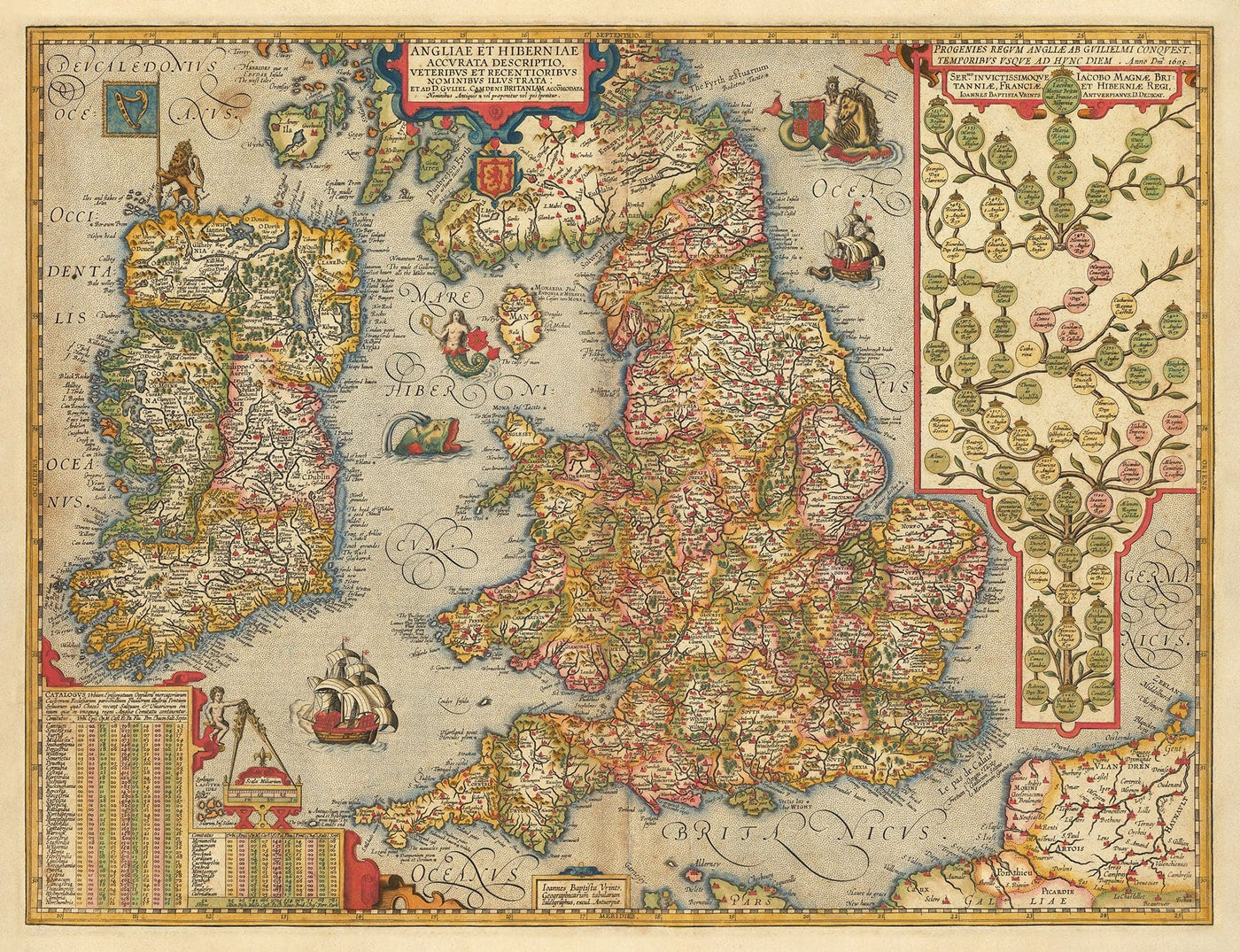 Alte Farbkarte von England und Irland im Jahr 1605 von Abraham Ortelius