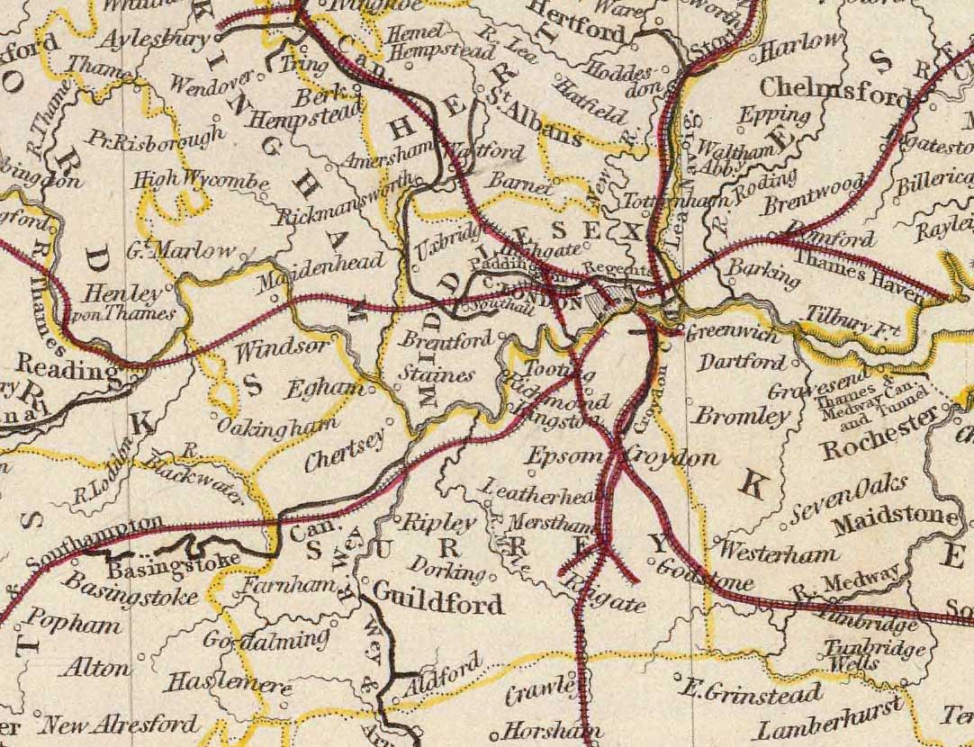 Old Map of the Railways and Canals in England and Wales in 1837 by SDUK - Transport, Railroads, National Rail, Rivers