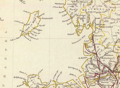 Alte Karte der Eisenbahnen und Kanäle in England und Wales im Jahr 1837 von SDUK - Transport, Eisenbahnen, Nationale Eisenbahn, Flüsse