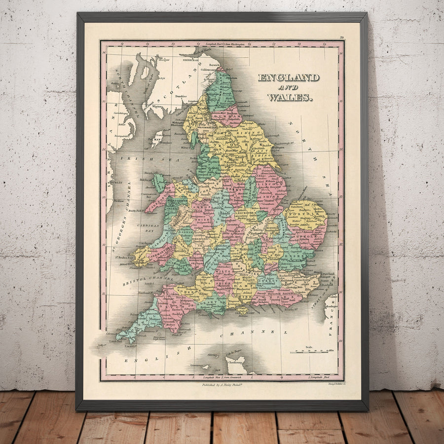 Old Map of Counties in England & Wales, 1827 - Historic County Map - Westmoreland, Sussex, Rutland