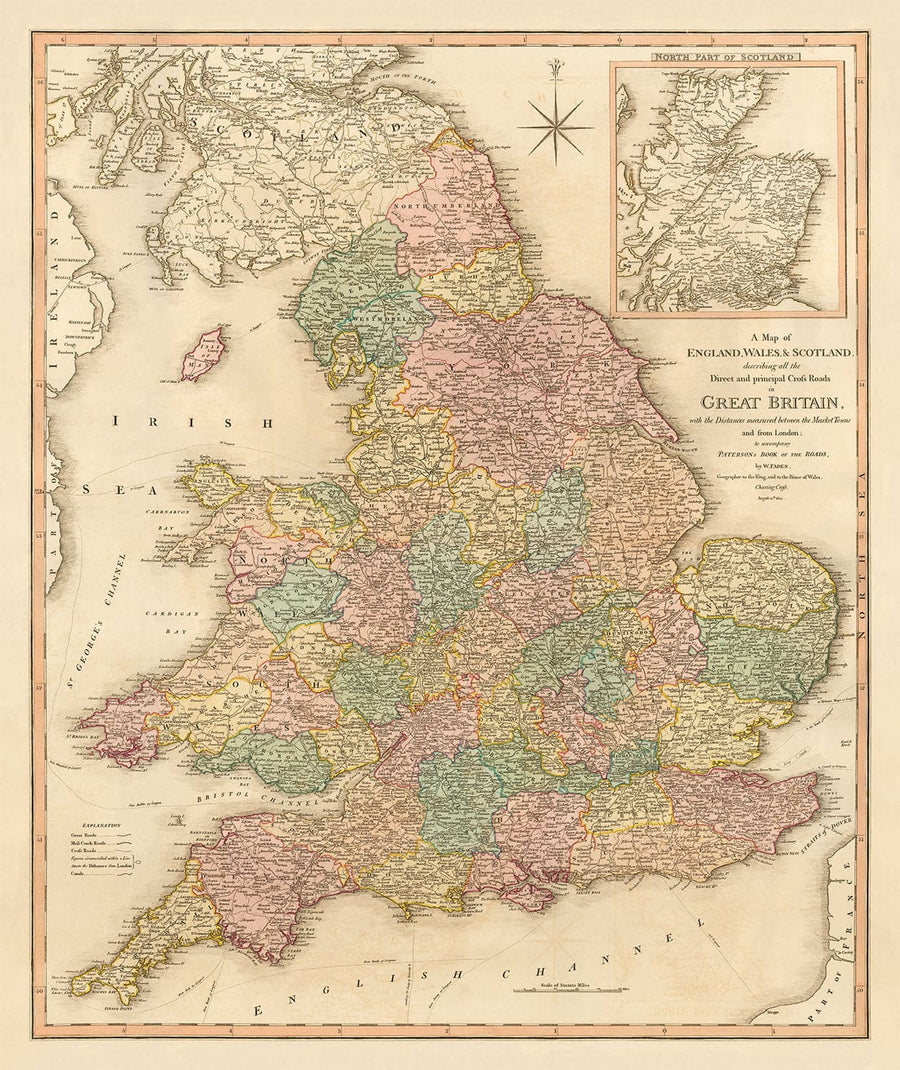 Ancienne Carte de Grande-Bretagne, 1801 par Faden - Angleterre, Pays de Galles, Écosse, Routes, Canaux, Courrier de courrier
