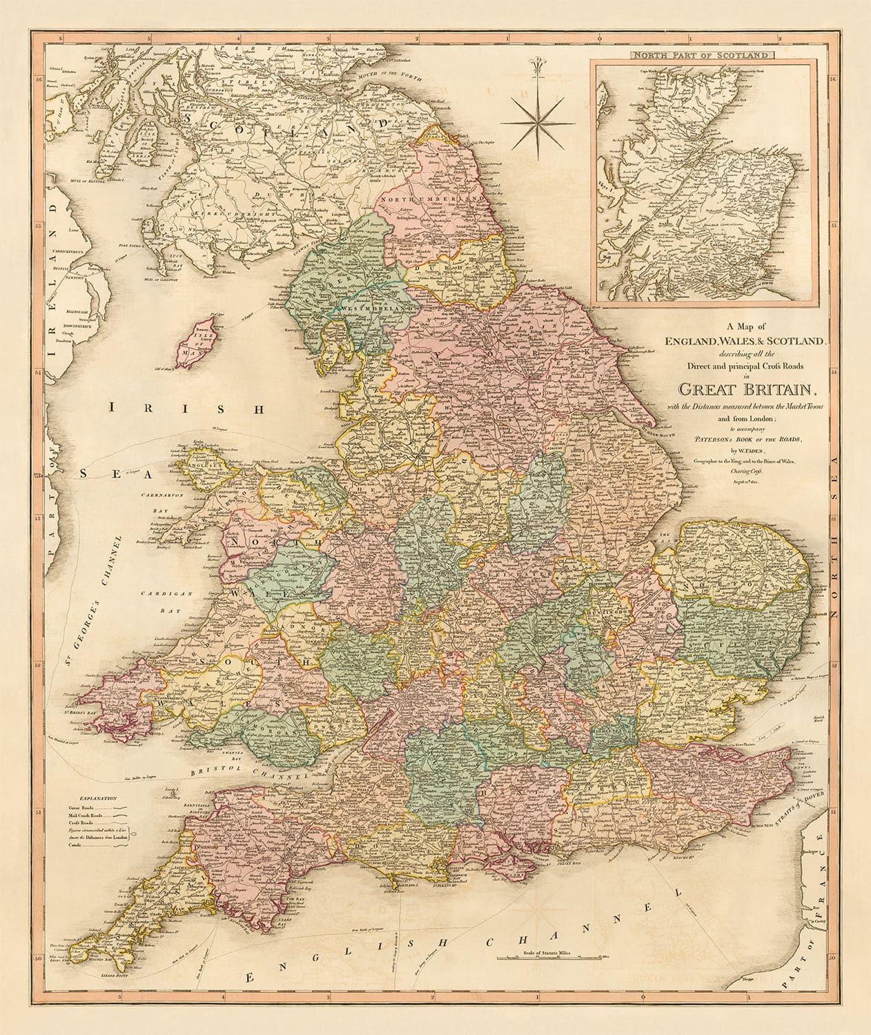 Ancienne Carte de Grande-Bretagne, 1801 par Faden - Angleterre, Pays de Galles, Écosse, Routes, Canaux, Courrier de courrier