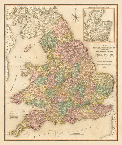 Mapa antiguo de Gran Bretaña, 1801 por Faden - Inglaterra, Gales, Escocia, Carreteras, Canales, Entrenador de correo