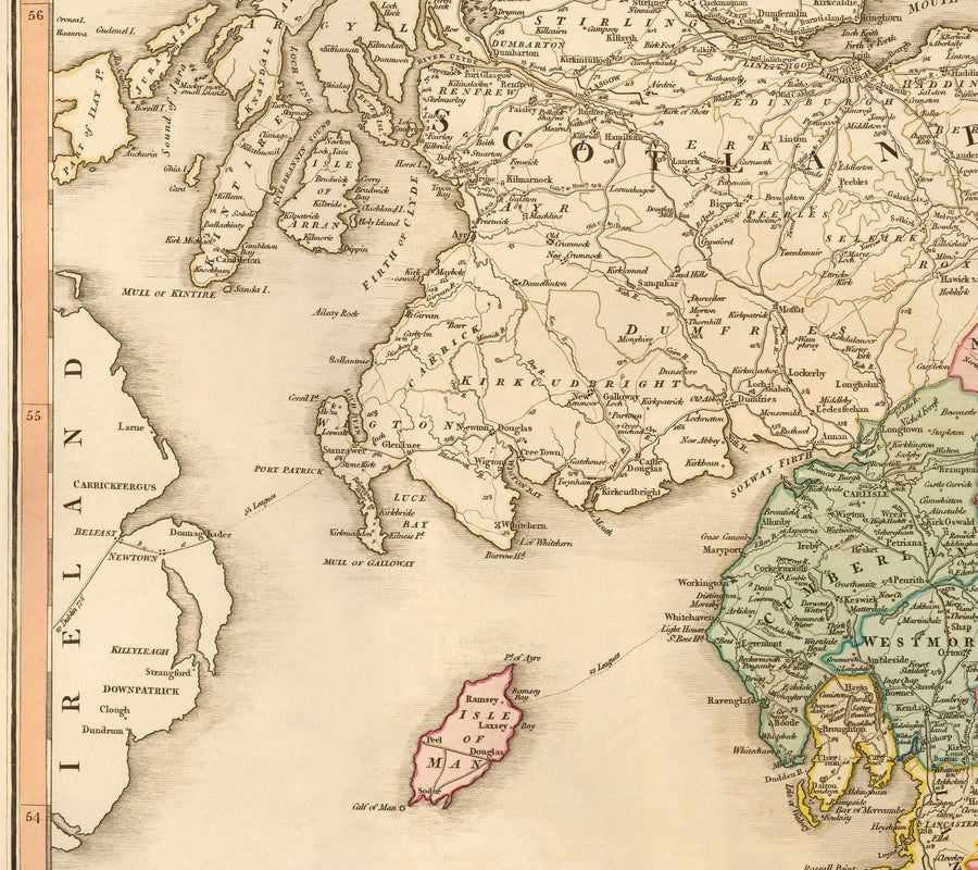 Ancienne Carte de Grande-Bretagne, 1801 par Faden - Angleterre, Pays de Galles, Écosse, Routes, Canaux, Courrier de courrier