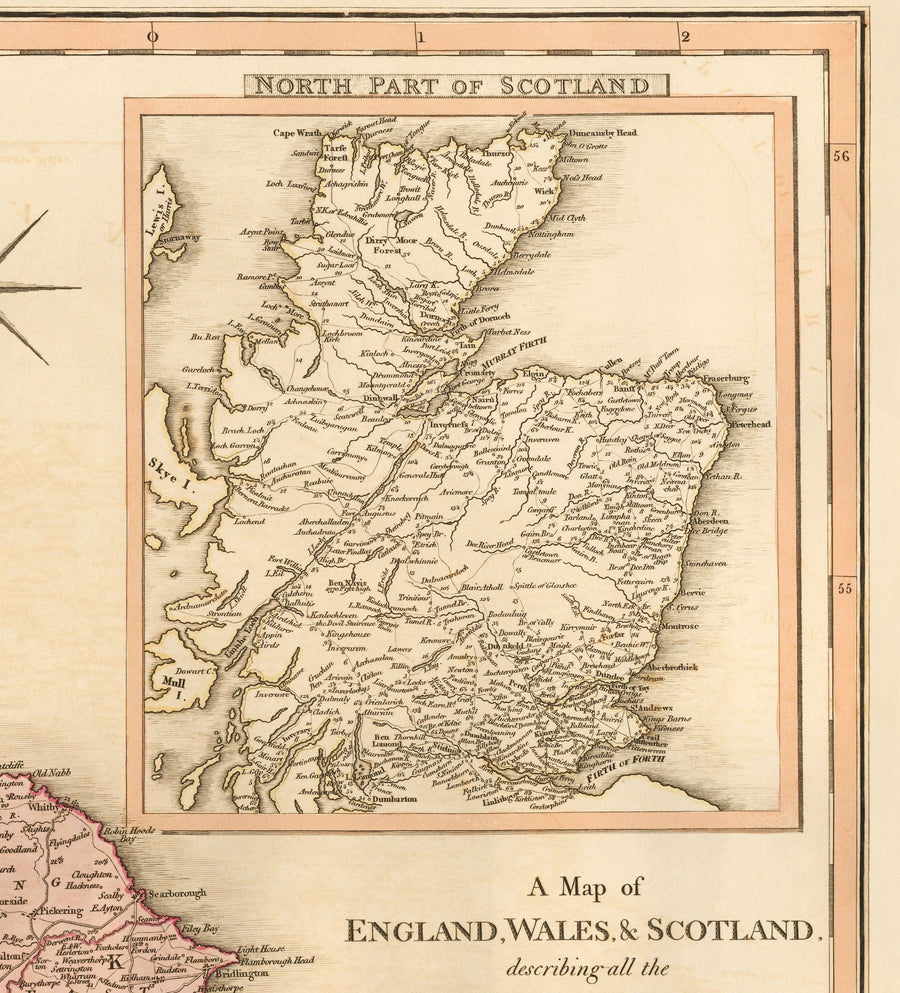 Ancienne Carte de Grande-Bretagne, 1801 par Faden - Angleterre, Pays de Galles, Écosse, Routes, Canaux, Courrier de courrier