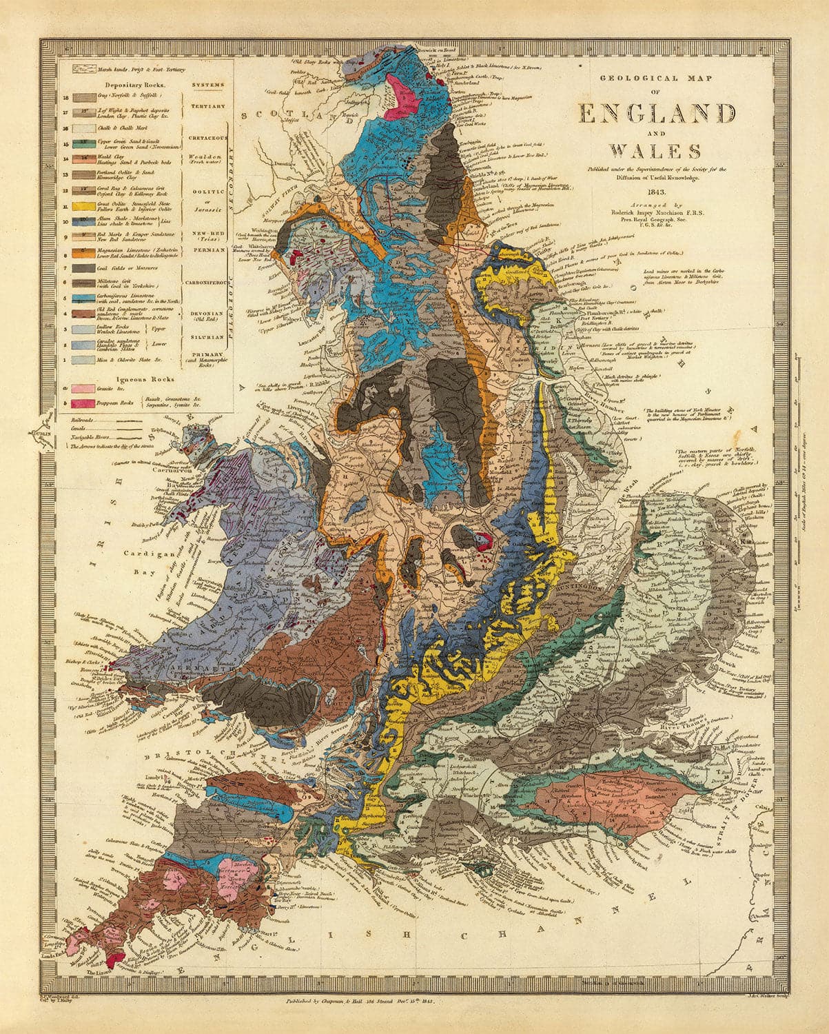 Map Awales Old Geological Map of England & Wales by Roderick Impey Murchison, 184 ...