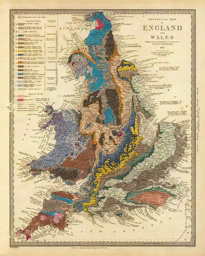Antiguo mapa geológico de Inglaterra y Gales por Roderick Impey Murchison, 1843