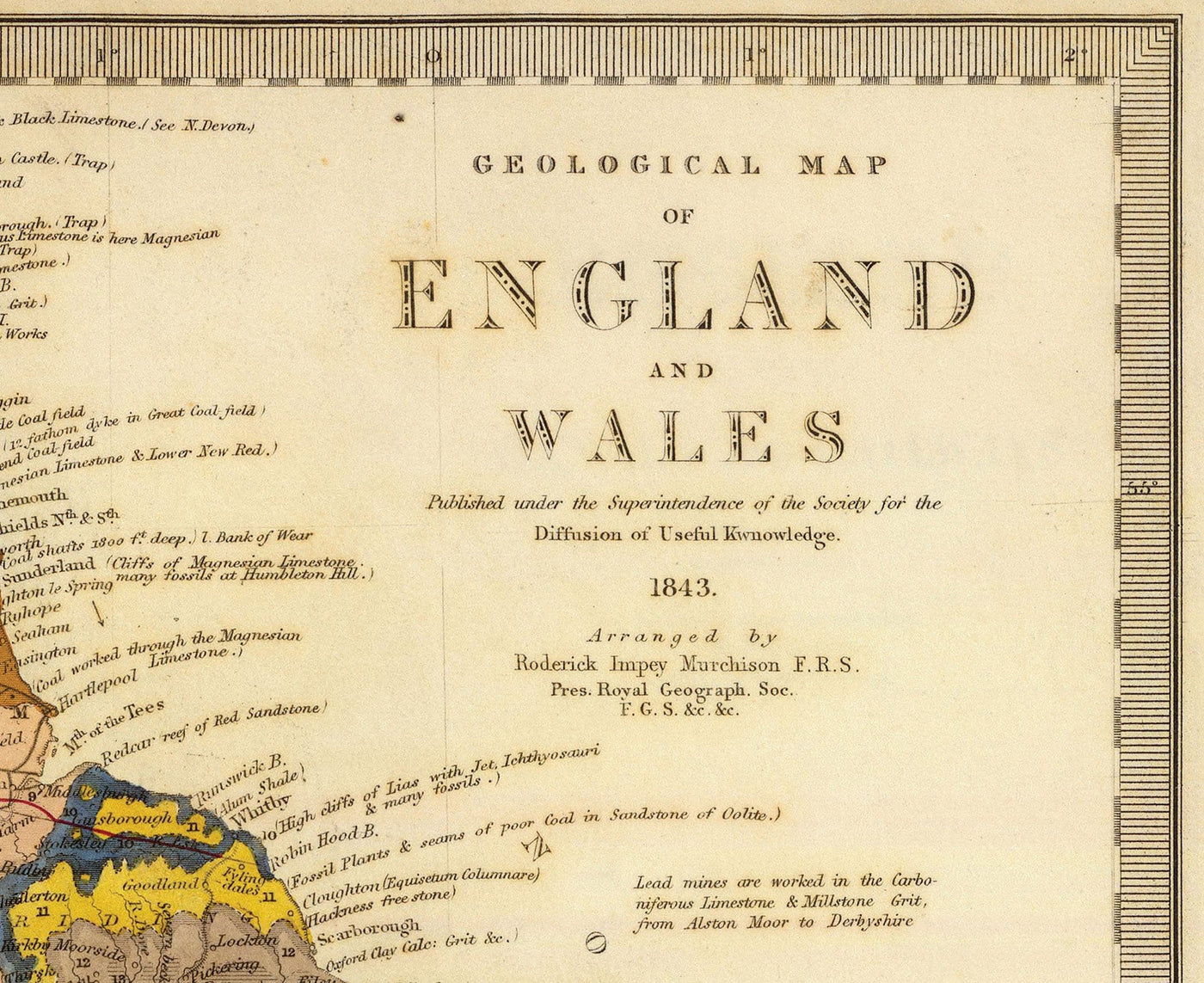 Ancienne carte géologique de l'Angleterre et du Pays de Galles par Roderick Impey Murchison, 1843