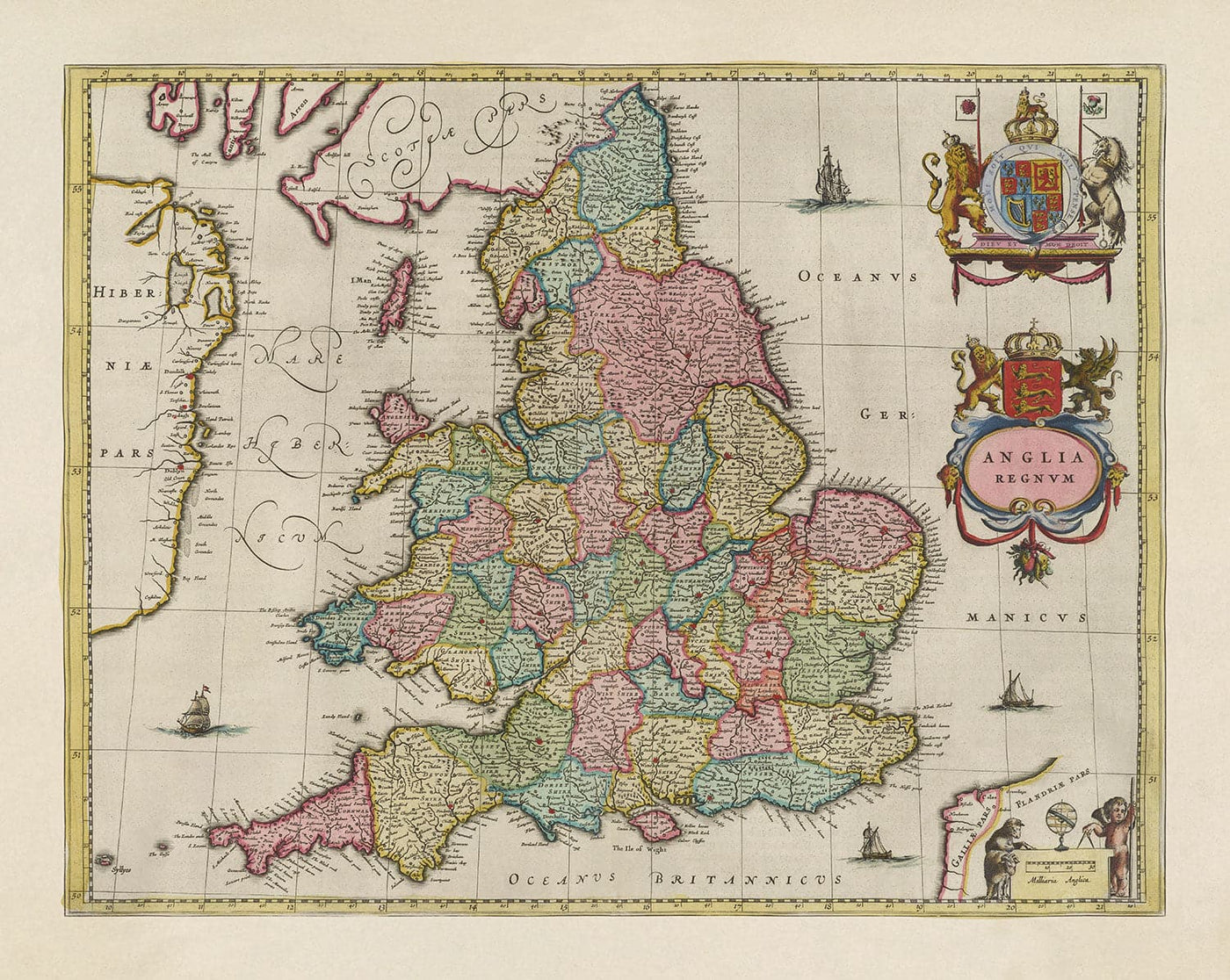 Alte Karte von England und Wales im Jahr 1665 von Joan Blaeu - Seltene Karte mit alten Grafschaften