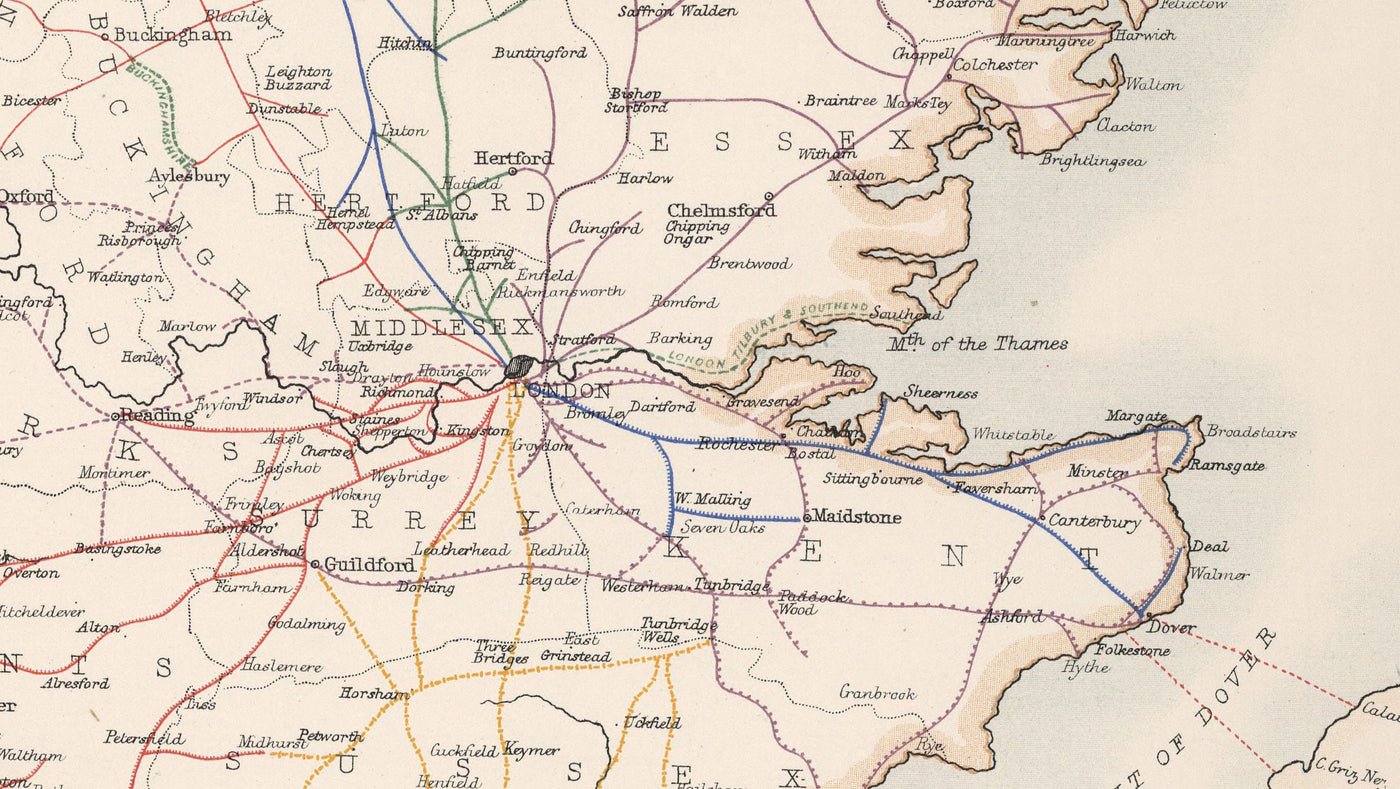 Ancienne carte ferroviaire de l'Angleterre et du Pays de Galles en 1881 par AK Johnston - Great Western, Eastern, Northern, Midland, London & North Western