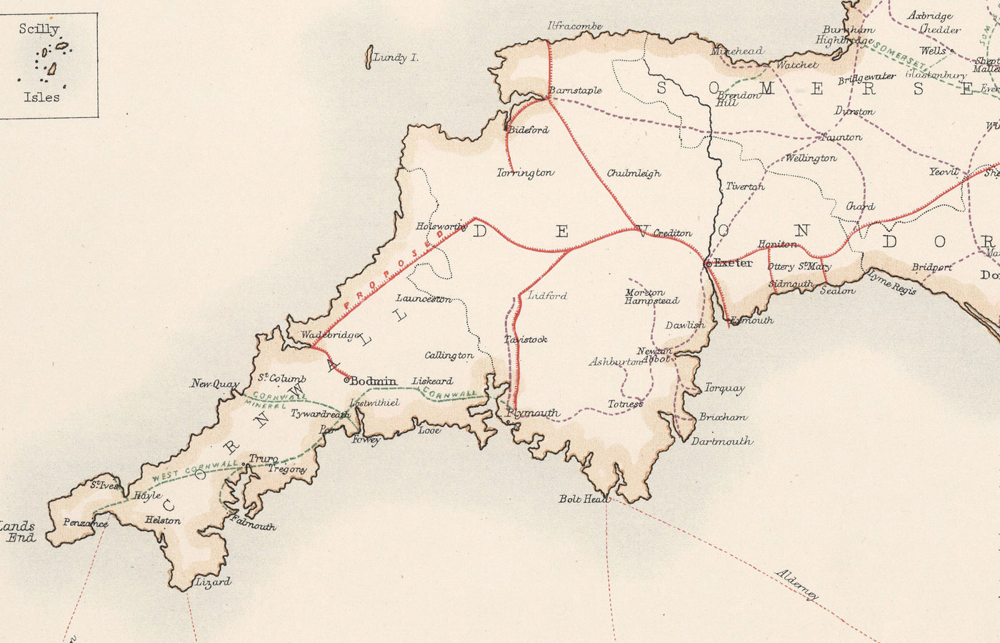Railways In Devon Map Old Railway Map of England & Wales in 1881 by AK Johnston - Great West ...