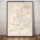 Alte Eisenbahnkarte von England und Wales im Jahr 1881 von AK Johnston - Great Western, Eastern, Northern, Midland, London & North Western 