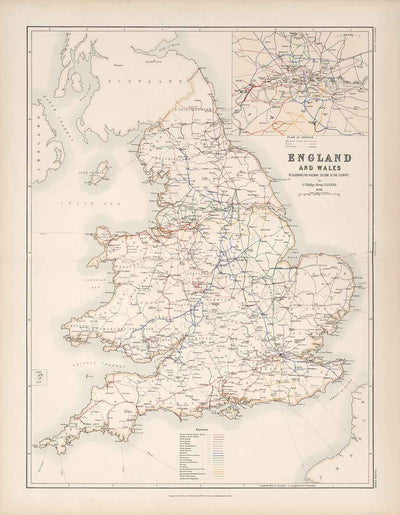Alte Eisenbahnkarte von England und Wales im Jahr 1881 von AK Johnston - Great Western, Eastern, Northern, Midland, London & North Western