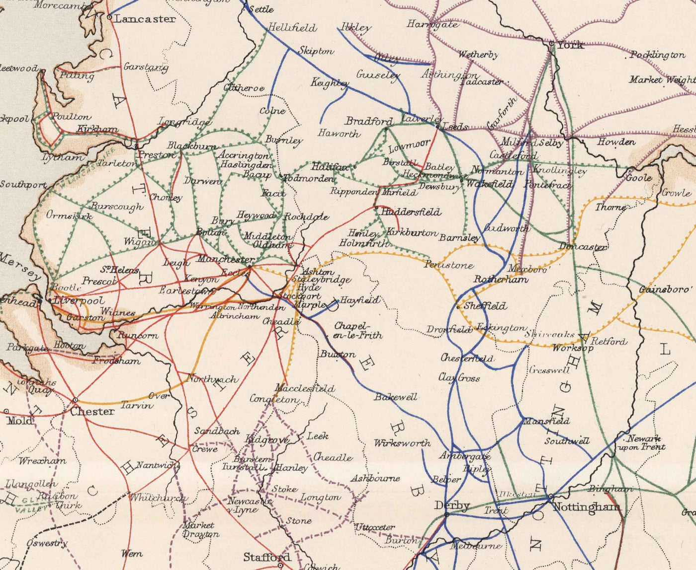 Ancienne carte ferroviaire de l'Angleterre et du Pays de Galles en 1881 par AK Johnston - Great Western, Eastern, Northern, Midland, London & North Western