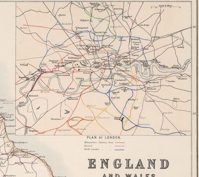 Alte Eisenbahnkarte von England und Wales im Jahr 1881 von AK Johnston - Great Western, Eastern, Northern, Midland, London & North Western