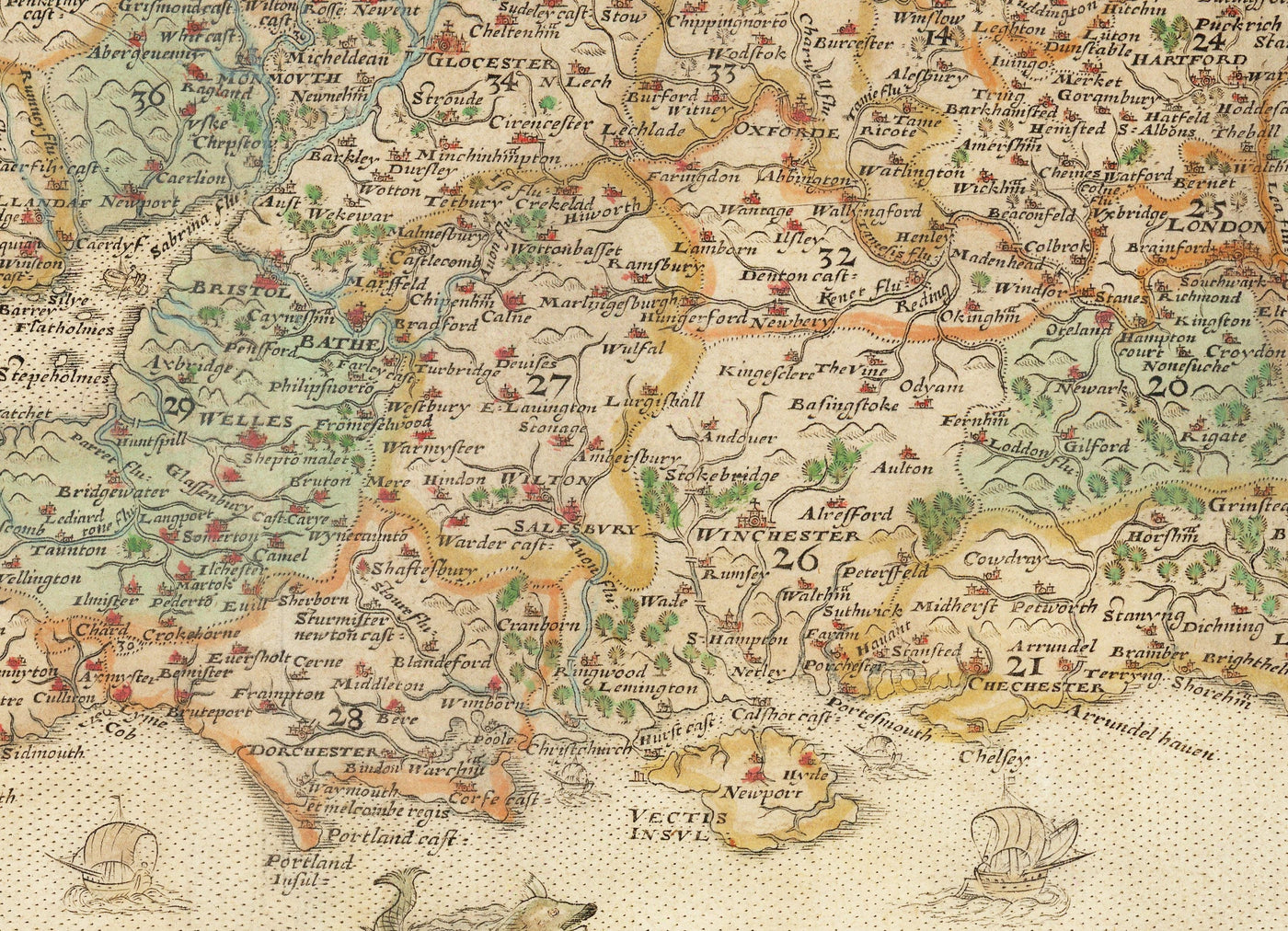 Mapa antiguo de Inglaterra y Gales, 1579 de Christopher Saxton - primer mapa impreso de Islas Británicas