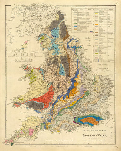 Antiguo mapa geológico y ferroviario de Inglaterra y Gales, 1834 - Mapa geológico