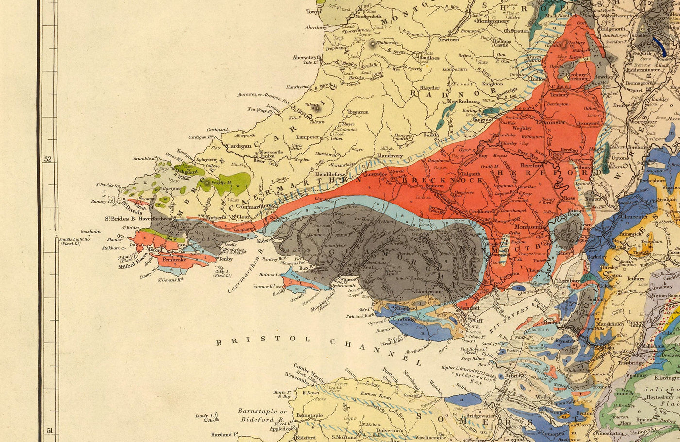 Ancienne carte géologique et ferroviaire de l'Angleterre et du Pays de Galles, 1834 - Carte de géologue