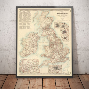 Viejo Mapa de Ferrocarriles y Canales en Islas Británicas 1872 de Fullarton - Mapa de trenes de color de Inglaterra, Irlanda, Escocia, Gales