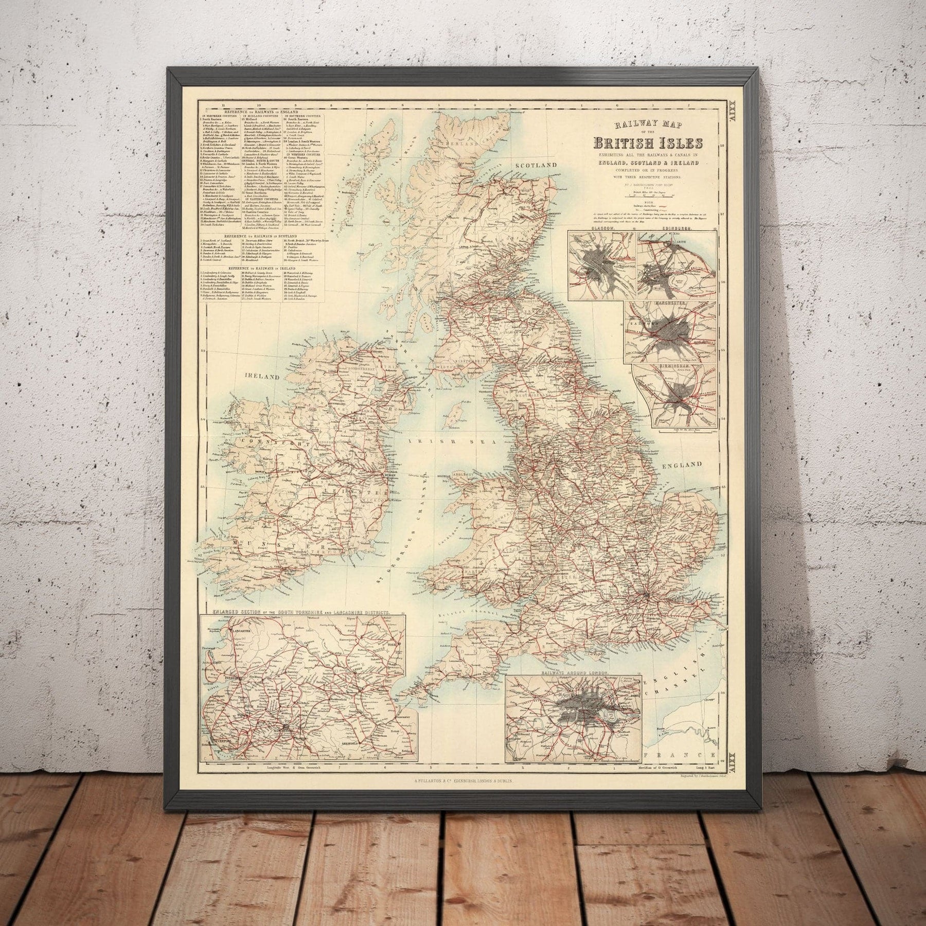 Mappa Antica delle Ferrovie e dei Canali nelle Isole Britanniche 1872 di Fullarton - Mappa a Colori dei Treni di Inghilterra, Irlanda, Scozia, Galles