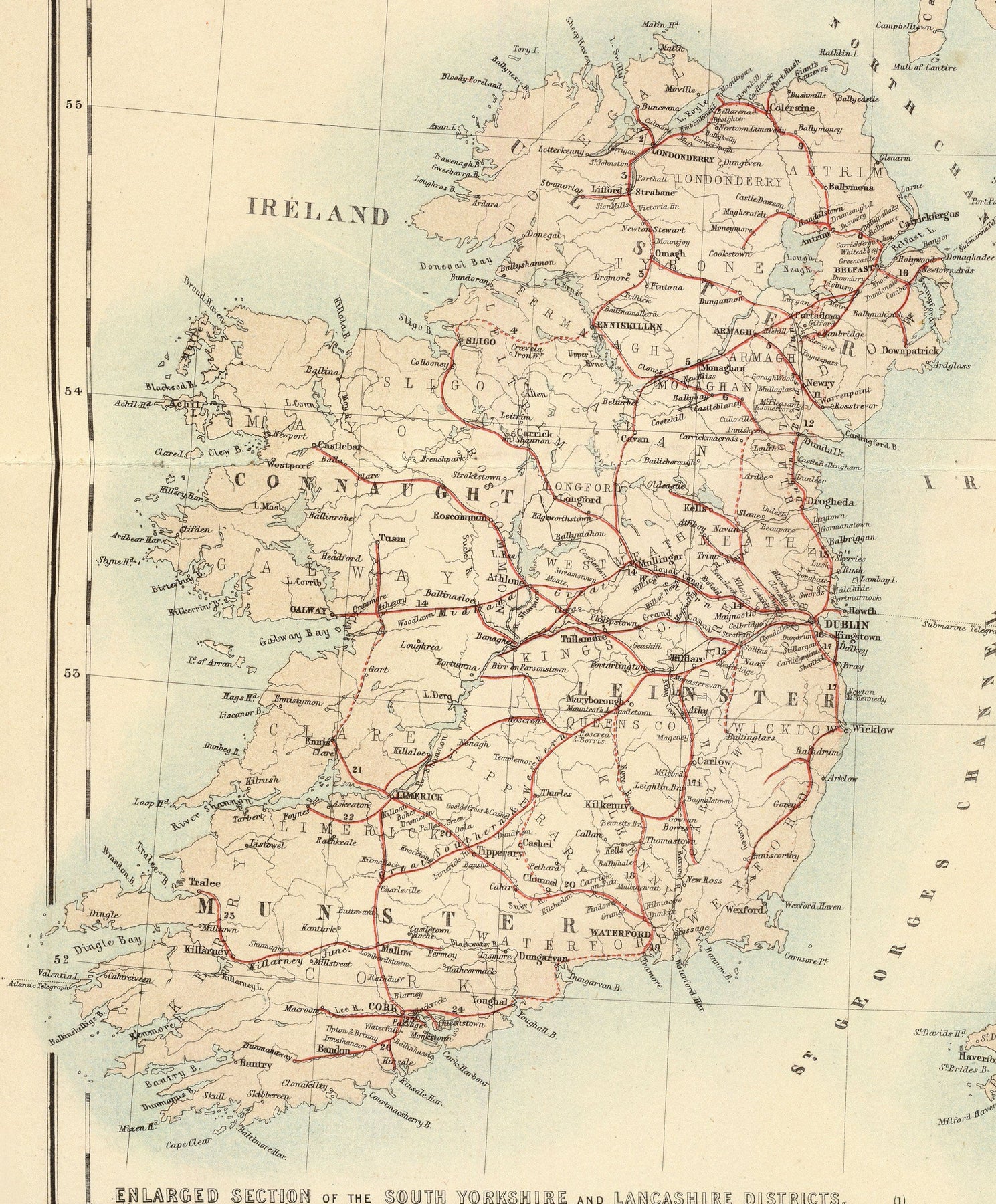 Mappa Antica delle Ferrovie e dei Canali nelle Isole Britanniche 1872 di Fullarton - Mappa a Colori dei Treni di Inghilterra, Irlanda, Scozia, Galles