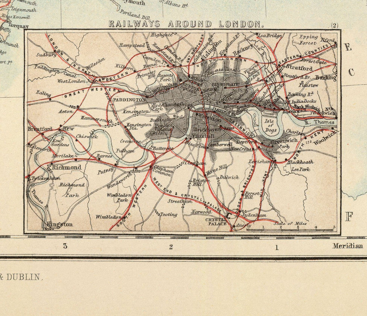 Alte Karte von Railways & Kanälen in den britischen Inseln 1872 von Fullarton - Farbbilde Karte von England, Irland, Schottland, Wales