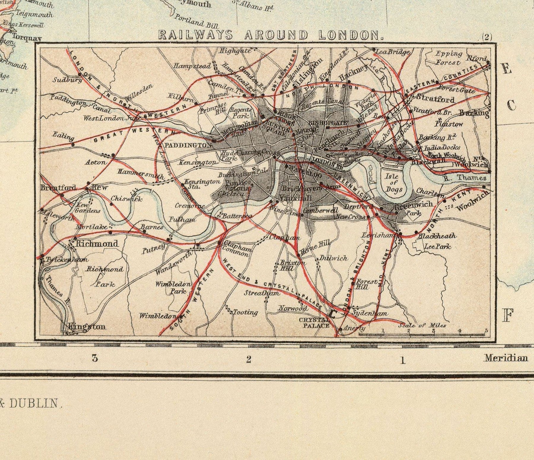 Mappa Antica delle Ferrovie e dei Canali nelle Isole Britanniche 1872 di Fullarton - Mappa a Colori dei Treni di Inghilterra, Irlanda, Scozia, Galles
