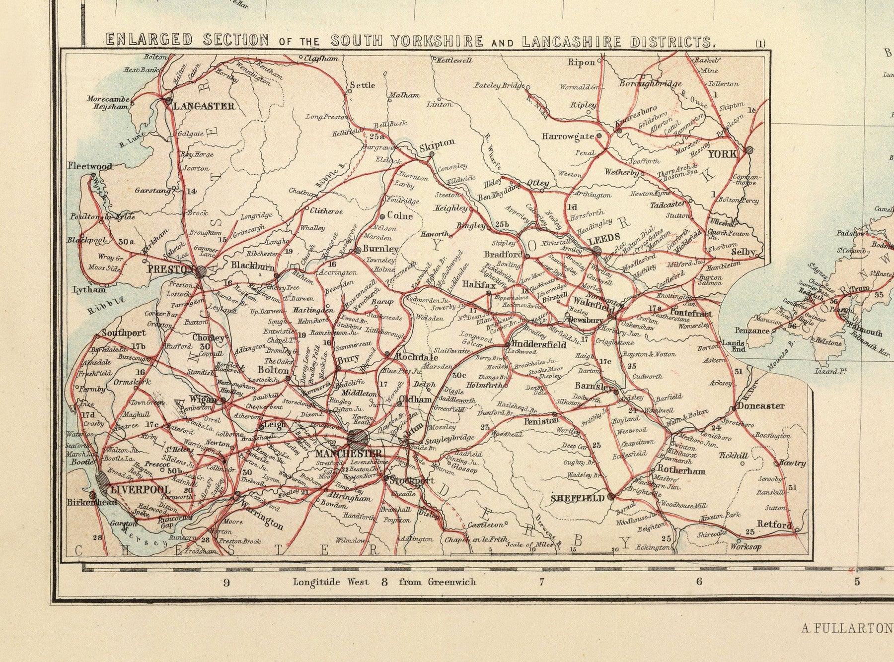 Mappa Antica delle Ferrovie e dei Canali nelle Isole Britanniche 1872 di Fullarton - Mappa a Colori dei Treni di Inghilterra, Irlanda, Scozia, Galles