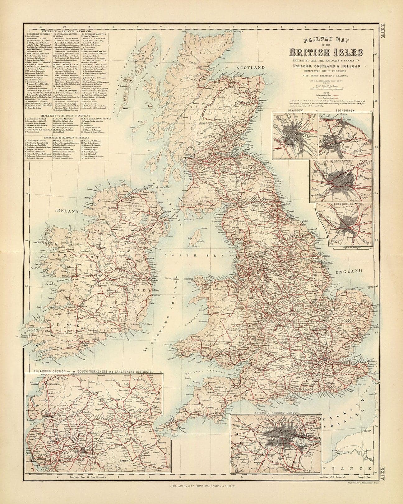 Mappa Antica delle Ferrovie e dei Canali nelle Isole Britanniche 1872 di Fullarton - Mappa a Colori dei Treni di Inghilterra, Irlanda, Scozia, Galles
