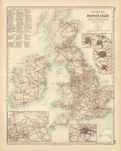 Viejo Mapa de Ferrocarriles y Canales en Islas Británicas 1872 de Fullarton - Mapa de trenes de color de Inglaterra, Irlanda, Escocia, Gales