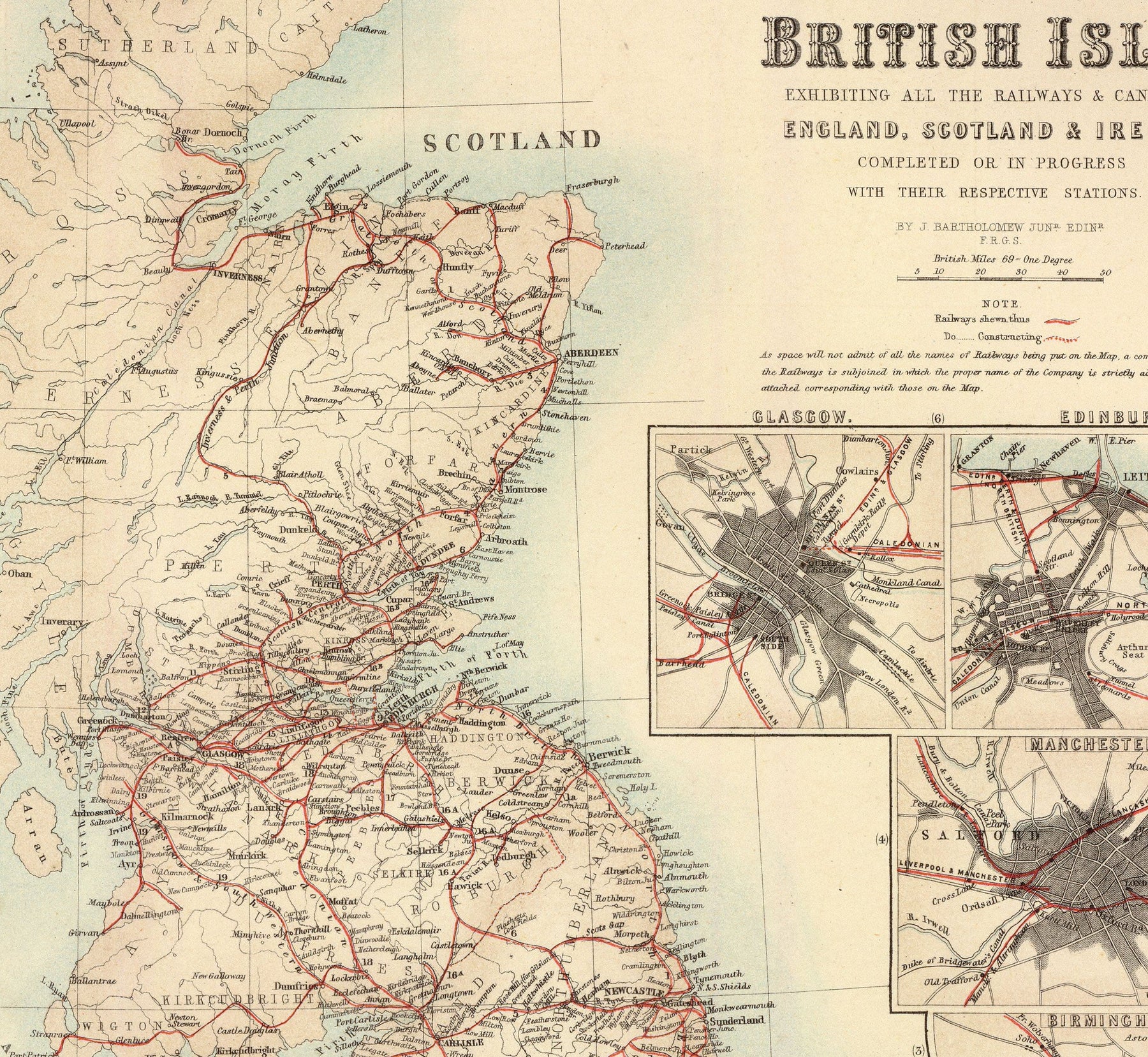 Mappa Antica delle Ferrovie e dei Canali nelle Isole Britanniche 1872 di Fullarton - Mappa a Colori dei Treni di Inghilterra, Irlanda, Scozia, Galles