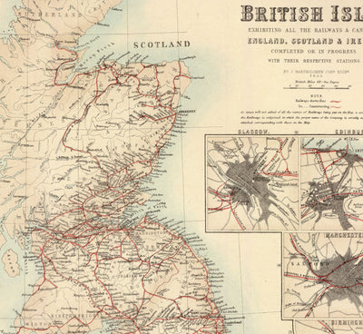 Viejo Mapa de Ferrocarriles y Canales en Islas Británicas 1872 de Fullarton - Mapa de trenes de color de Inglaterra, Irlanda, Escocia, Gales