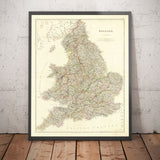 Antiguo mapa de Inglaterra y Gales en 1832 por John Arrowsmith - Ciudades, condados, carreteras, ferrocarril
