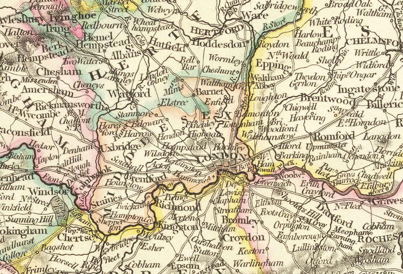 Antiguo mapa de Inglaterra y Gales en 1832 por John Arrowsmith - Ciudades, condados, carreteras, ferrocarril