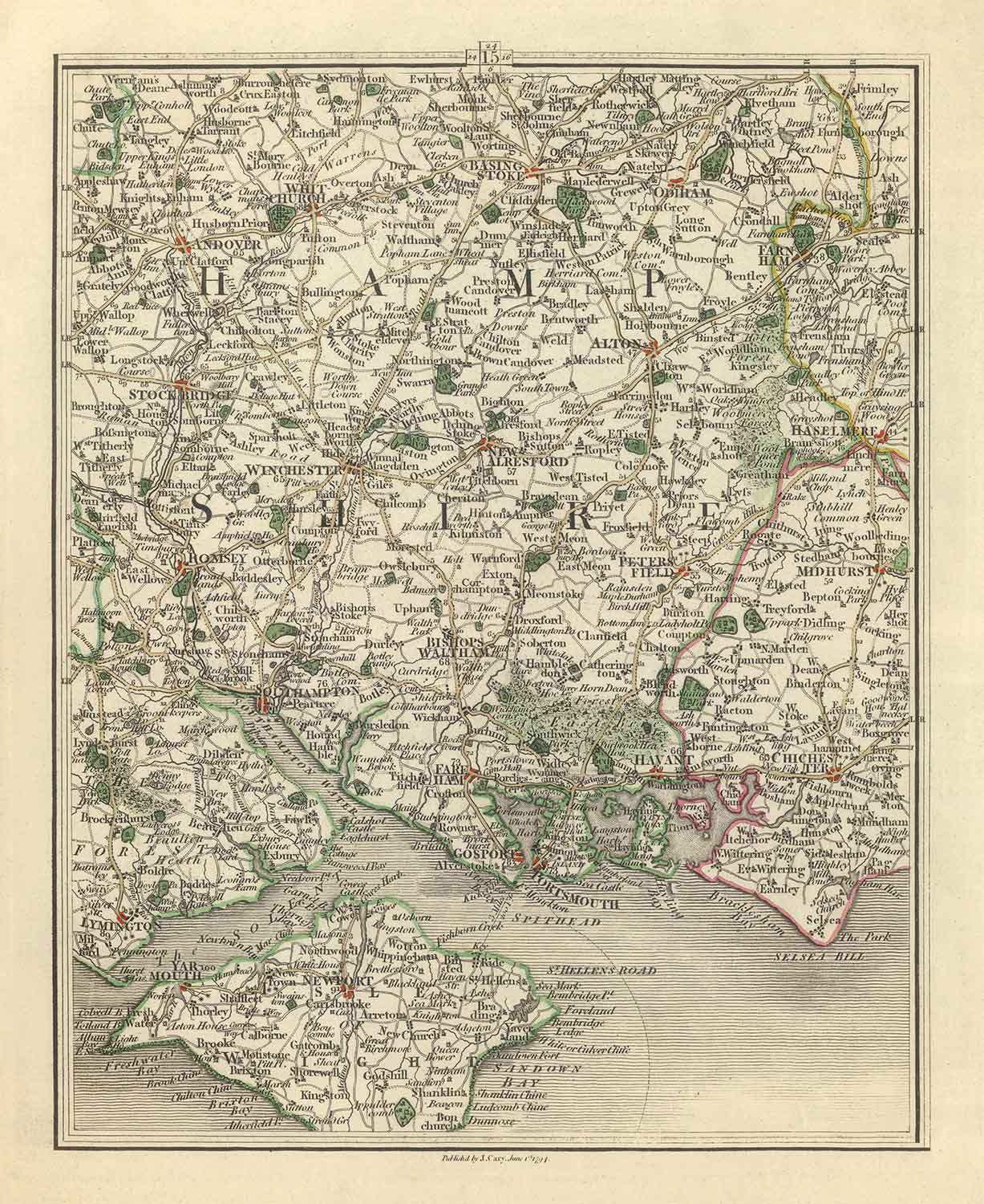 Ancienne carte du Hampshire et de l'île de Wight en 1794 par John Cary - Portsmouth, Southampton, Chichester, Havant