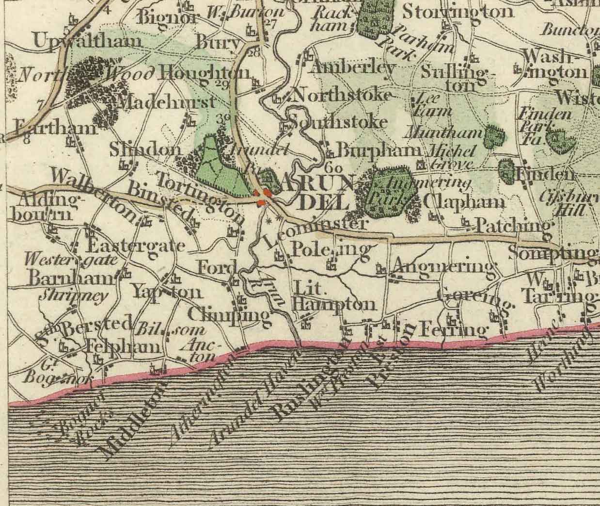 Antiguo mapa de Sussex y Surrey en 1794 por John Cary - Brighton, Dorking, Lewes, East Grinstead, Crawley