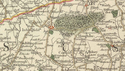 Ancienne carte du Sussex et du Surrey en 1794 par John Cary - Brighton, Dorking, Lewes, East Grinstead, Crawley