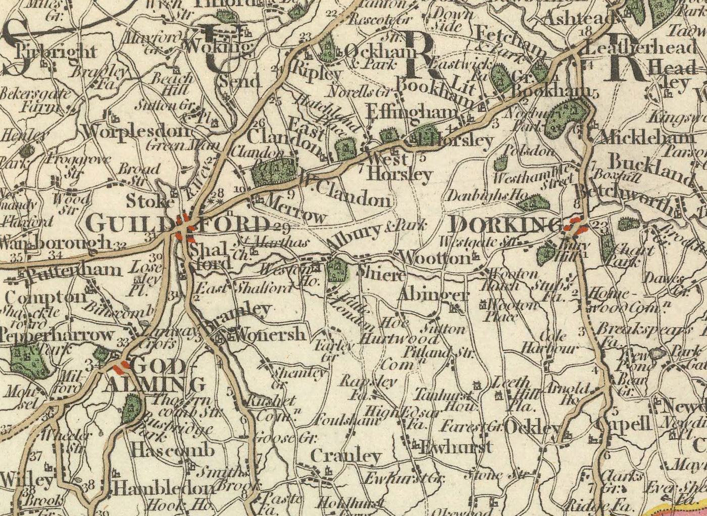 Ancienne carte du Sussex et du Surrey en 1794 par John Cary - Brighton, Dorking, Lewes, East Grinstead, Crawley
