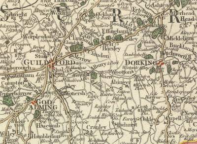 Antiguo mapa de Sussex y Surrey en 1794 por John Cary - Brighton, Dorking, Lewes, East Grinstead, Crawley