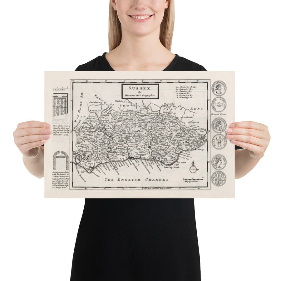 Mappa antica del Sussex 1724, di Herman Moll - Worthing, Crawley, Brighton, Bognor, Eastbourne 