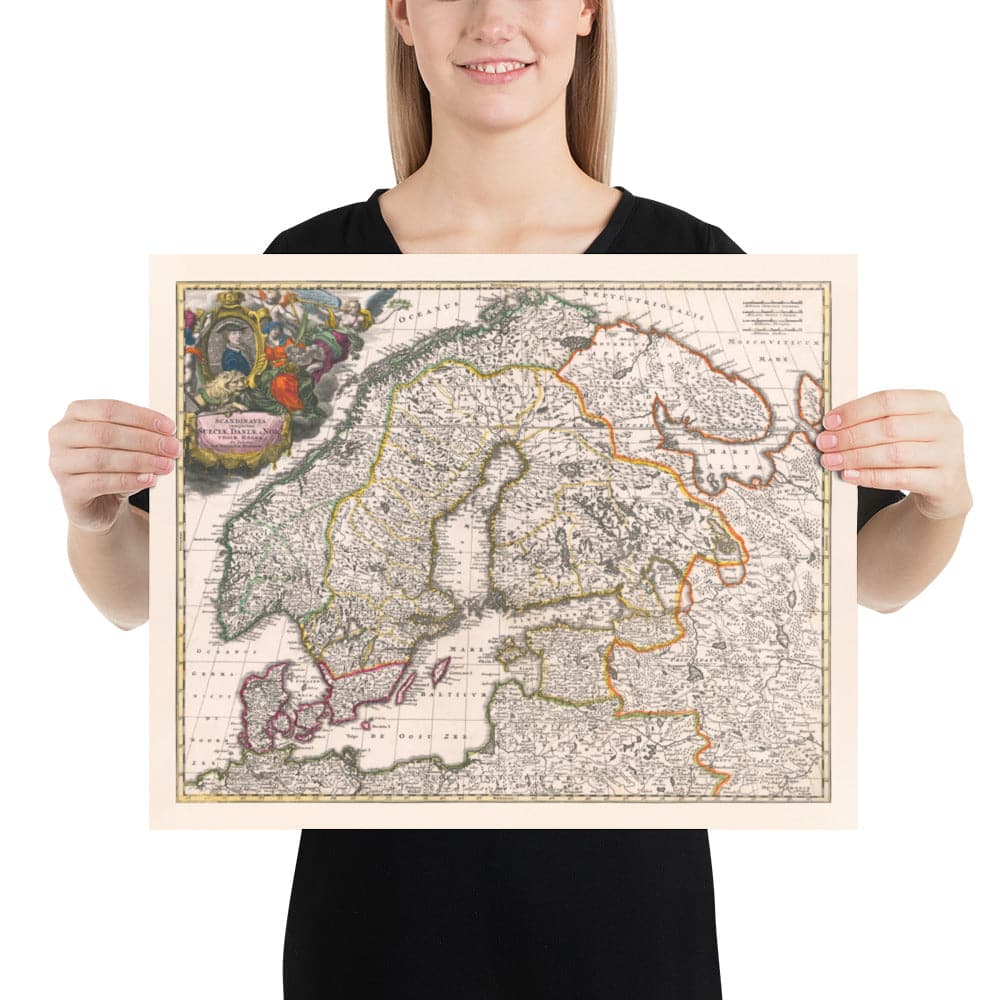 Mapa antiguo de Scandinavia, 1720 por Johann Baptist Homann - Nordic, Báltico, Dinamarca, Suecia, Finlandia, Rusia, Estonia, Letonia, Lituania