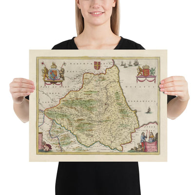 Ancienne Carte de County Durham, 1665 par Joan Blaaueu - Darlington, Stockton-On-Tees, Sunderland, Hartlepool, Newcastle, Gatlehead