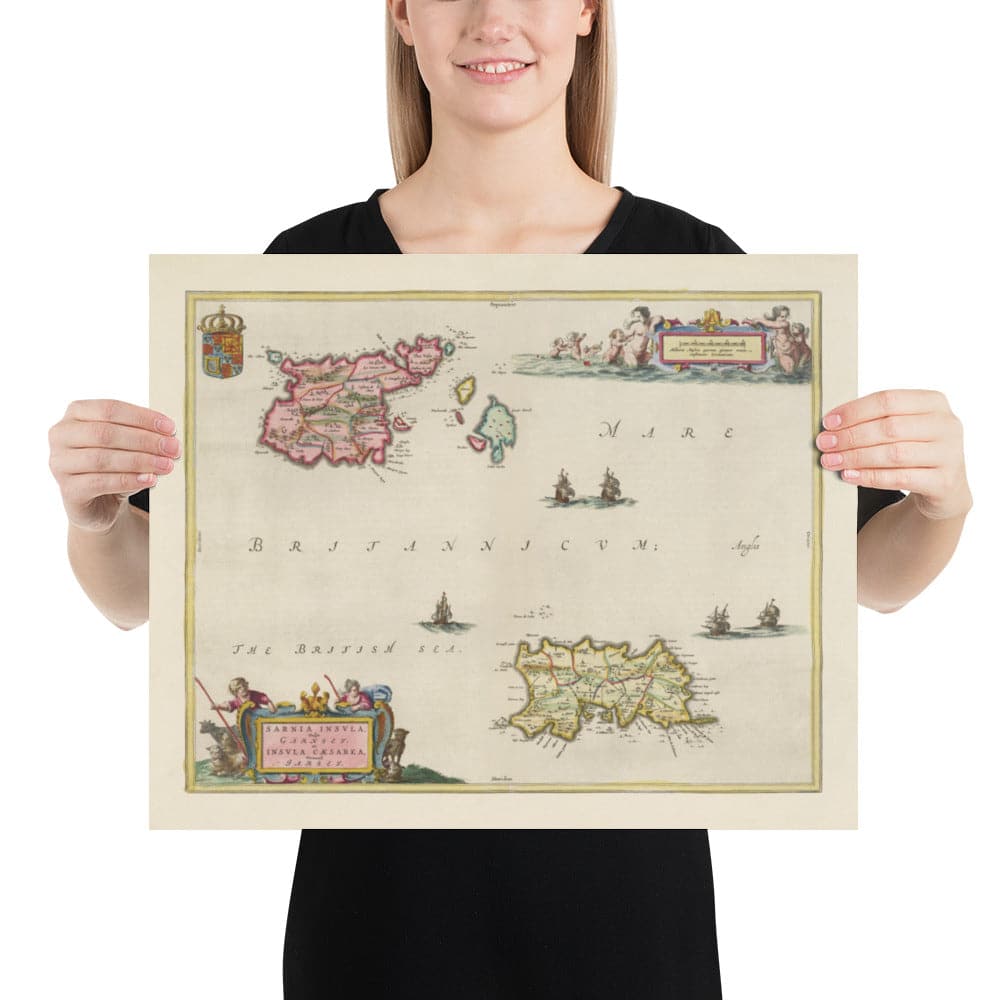 Ancienne carte de Jersey et Guernesey, 1665 par BLAEU - Anglais Channel Isles, Baysficks et Dépendances de la Couronne, St Helier, Saint Peter Port